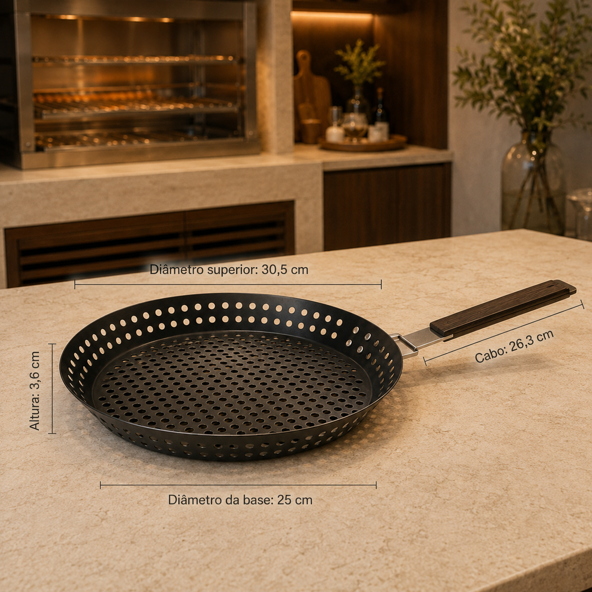 Frigideira grill perfurada com cabo dobrável de madeira para churrasqueira