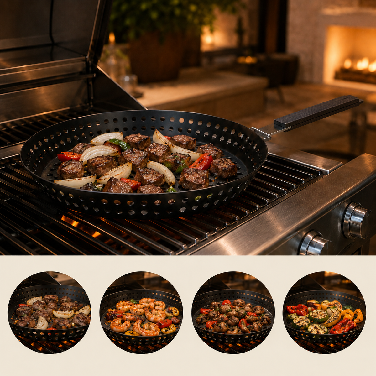 Frigideira grill perfurada com cabo dobrável de madeira para churrasqueira