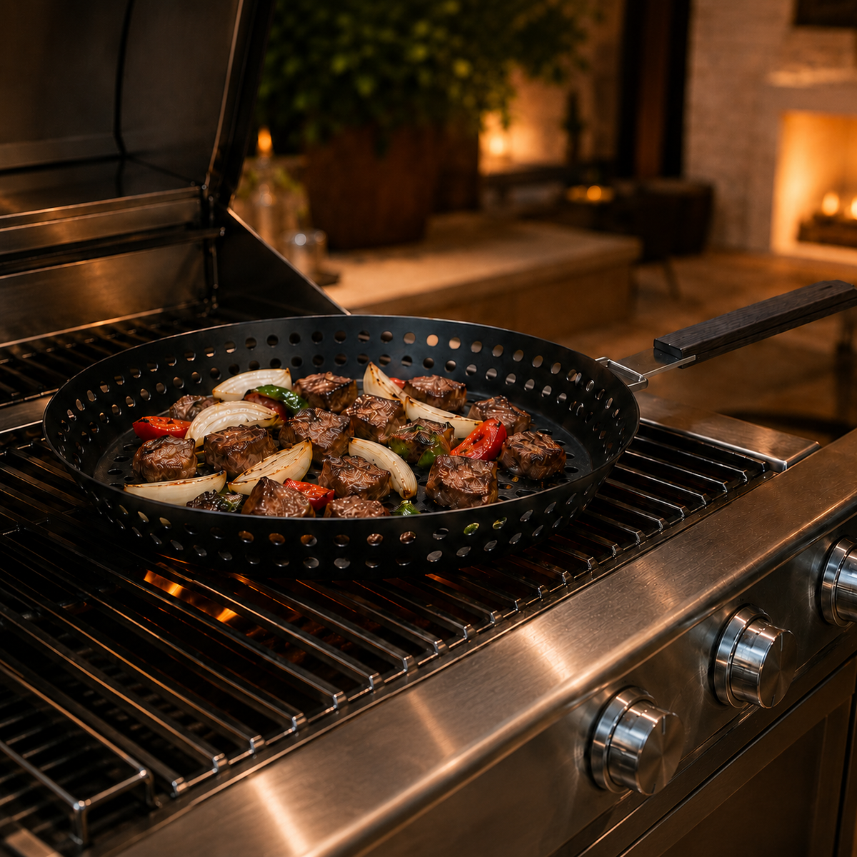 Frigideira grill perfurada com cabo dobrável de madeira para churrasqueira